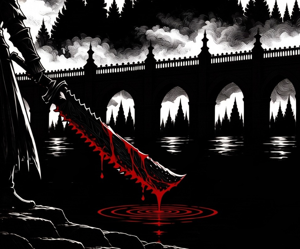 Scarlet on the blade, close-up from VESPER OF BLOOD concept artwork