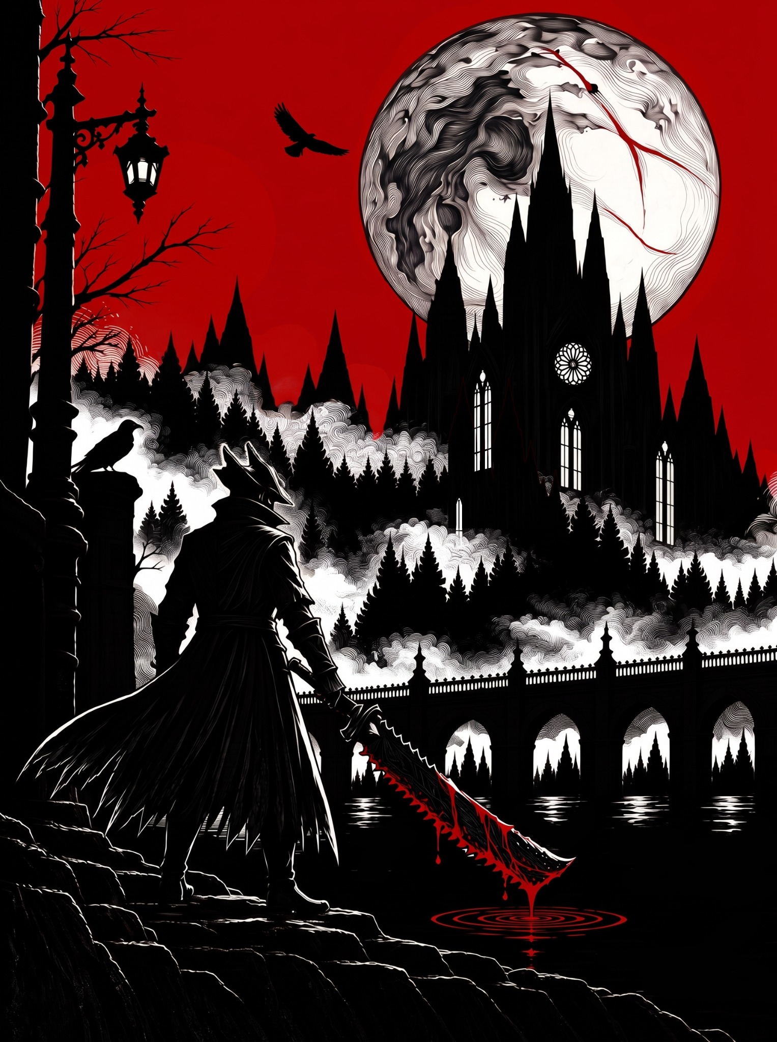 VESPER OF BLOOD concept visual: red sky, luminous detailed moon, gothic spires, silhouetted figure carrying a serrated blade above dark water